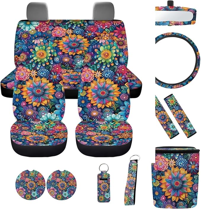 Hippie Flowers 12 Pack Car Seat Covers Sets Steering Wheel Accessories Car Seat Belt Cover Rear View Mirror Cover Trash Bin Car Coasters Wristlet Keychain Chapstick Holder