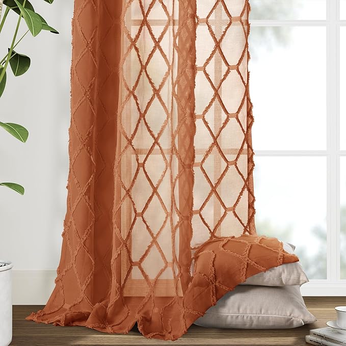 Hokibero Boho Sheer Rust Red Brown Orange Curtains 108 Inches Long for Living Room Embroidered Tuft Pom Burnt Ochre Rustic Western Curtains Drapes for Bedroom 2 Panels Cabin Sliding Glass Door