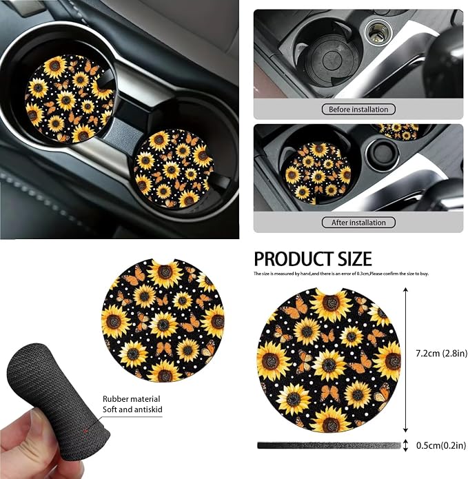 Sunflower Butterfly Dot Print 13 Pieces Car Interior Accessories, Auto Front and Rear Seat Cover Set of 4, 1 Comfort Steering Wheel Cover, 4 Soft Seat Belt Cover, 4 Cup Holder Coasters