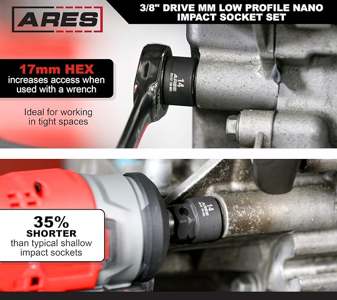 ARES 29018 – 14-Piece 3/8-Inch Drive Metric Low Profile Nano Impact Socket Set – Impact Grade Sockets Offer Greater Clearance Than Typical Shallow Sockets – Includes Aluminum Storage Rail