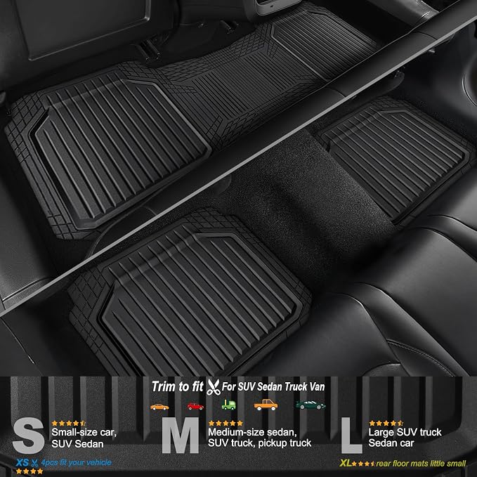 CAR PASS Heavy Duty Rubber Rear Car Mat, Deep Dish Car Floor Mats All Weather, Universal Trim to Fit for SUV Trucks Sedans, Odorless Waterproof Anti-Slip, Easy to Clean Car Mats (Black Rear)