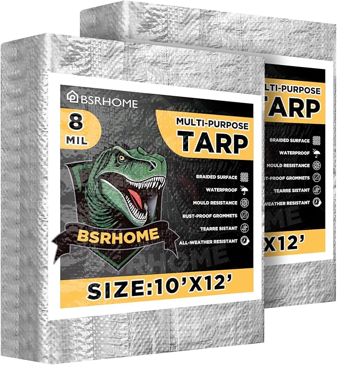 Tarps Waterproof 10x12 Feet, 2 Pack Heavy Duty Silver Tarp Cover 8 Mil Thick, Resistant Plastic Tarpaulin with Metal Grommets, Outdoor Tent Cover for Emergency Rain