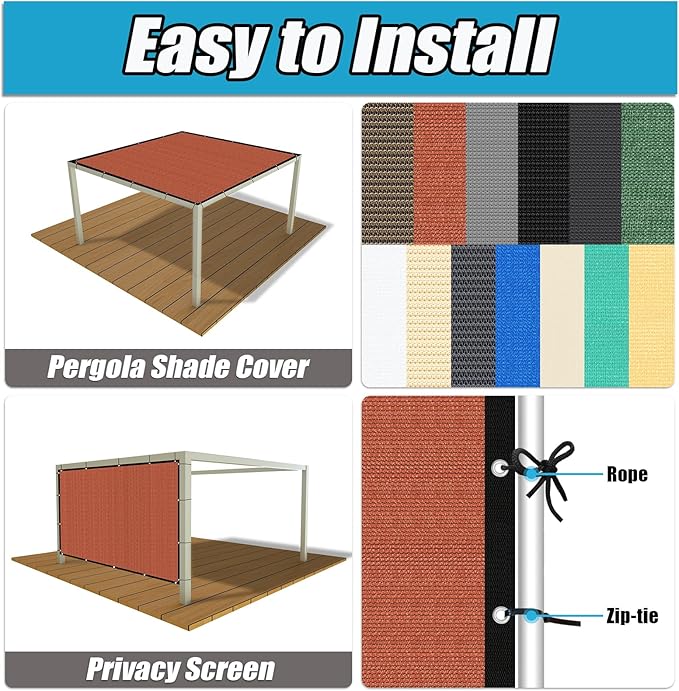 Amagenix 90% Pergola Shade Cover 13' X 13' Sun Shade Cloth with Grommets for Outdoor Garden Patio Porch, Commercial Grade 200 GSM - Cable Zip Ties Included (We Customized) GN108, Rust Red