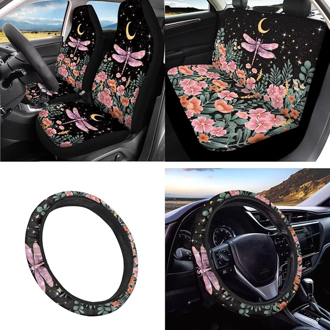 INSTANTARTS Dragonfly Flower 13 Pieces Auto Accessories Car Front & Rear Seat Covers + Steering Wheel Cover + Seat Belt Cover + Keychain + Lipstick Cover + Coaster for Trucks Vans SUV