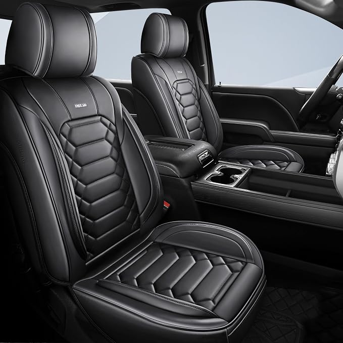 FREESOO for Silverado 2014-2018 Faux Leather Full Set Seat Covers, Fit for Chevy Silverado GMC Sierra 1500 2500 3500 Crew Cab Waterproof Truck Seat Covers Black