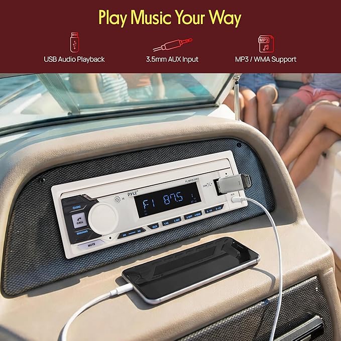 Pyle Marine Radio Single DIN Receiver – Bluetooth Wireless Streaming, AM/FM Tuner, USB/AUX MP3 Playback, Hands-Free Calling, Remote Control, RGB Buttons, Splash-Resistant Stereo Upgrade