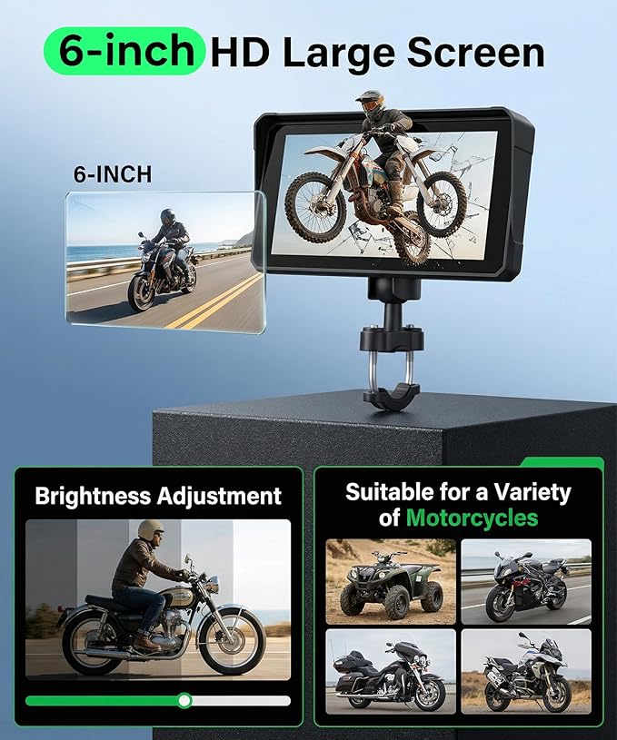 6 Inch Motorcycle Wirelsss Carplay Screen, Portable Touchscreen Motorcycle GPS Navigation System Car Play Moto Android Auto, Dual Bluetooth, IP68 Waterproof Moto Screen, Si-ri, Goo-gle Assistant
