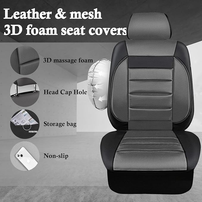 CAR PASS Car Seat Covers Front Seats Only, Universal Fit Automotive Interior Waterproof 3D Foam Back Support Car Seat Covers for Trucks Vans and SUVs Airbag compatible 2 Pieces black gray grey