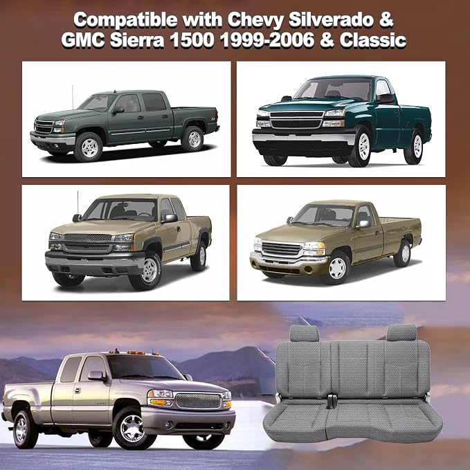Seat Covers for Chevy Silverado & GMC Sierra 1500 1999 2000 2001 2002 2003 2004 2005 2006 Heavy Duty Cloth Protector Interior Accessories，Waterproof & Machine Washable-Gray (Rear)