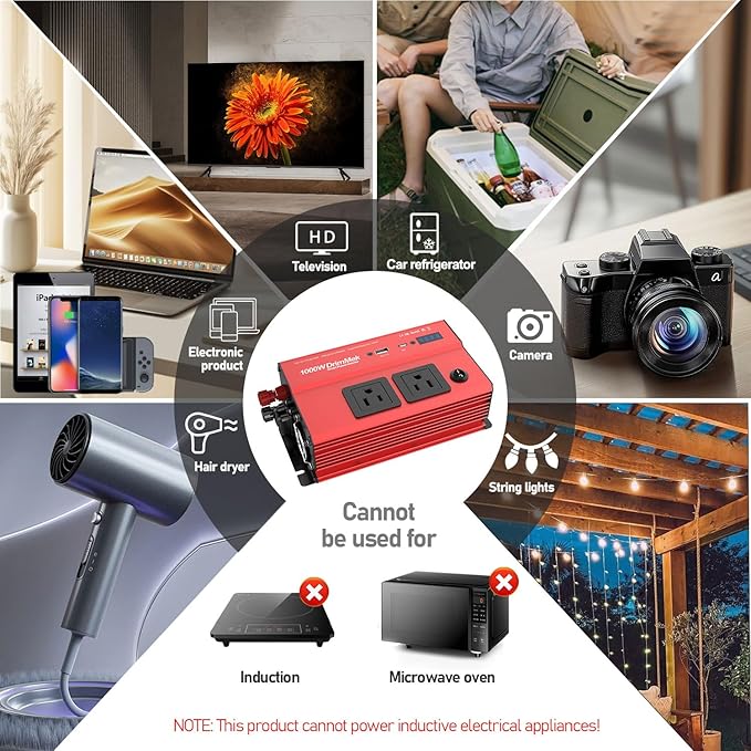 DrimMek 1000 Watt Power Inverters 12v to 110v for Vehicles - with Dual AC Outlets, 1000w Inverter with 3.0A USB and Type-C, 12v Inverter car Cigarette Lighter Battery for/Truck/RV/Emergency