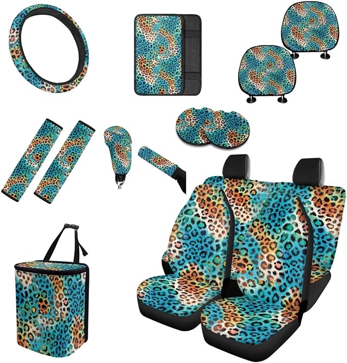 Multicolor Leopard Car Seat Covers Full Set 15 Pcs Universal Car Accessories Steering Wheel Cover Seat Belt Pads Garbage Bag Car Headrest Pillow Covers Armrest Pad