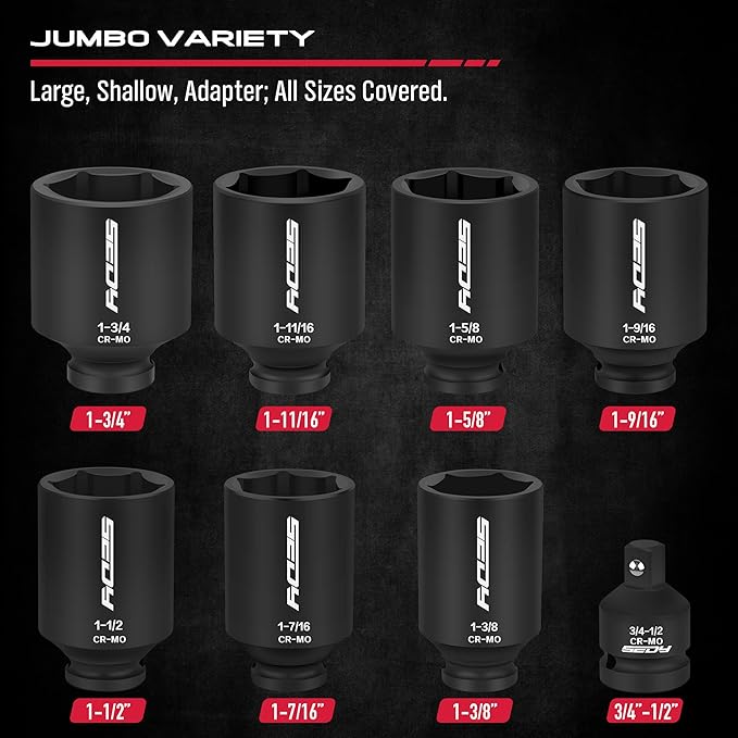 SAE Deep Impact Socket Set 8-Piece 1/2-inch Drive Wheel Axle Nut Wrench Large Sockets Standard Adapter 1-11/16 1-9/16 1-3/8 1-7/16 1-1/2 1-5/8 1-3/4 Imperial Spindle Joint Torque Bearing Locknut Truck