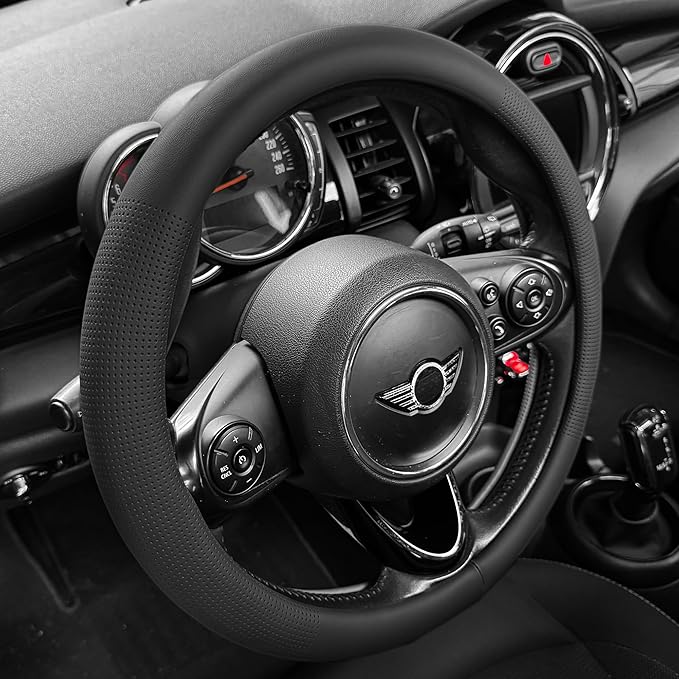 PINCTROT Large Size Nappa Leather Steering Wheel Cover, Slim Fit No Bulk Design, One Piece Leather with Breathable Perforation, Fit Like Gloves, 15.5-15.75 Inch(Nappa Black)