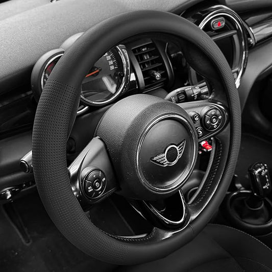 PINCTROT Large Size Nappa Leather Steering Wheel Cover, Slim Fit No Bulk Design, One Piece Leather with Breathable Perforation, Fit Like Gloves, 15.5-15.75 Inch(Nappa Black)