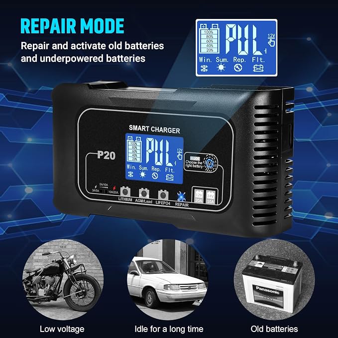 Car Battery Charger, 12V/24V 0-20A Lead-Acid, Lithium, LiFePo4 Smart Battery Charger, Trickle Charger, Fully Automatic Chargers and Maintainer for Car, Motorcycle, Lawn Mower