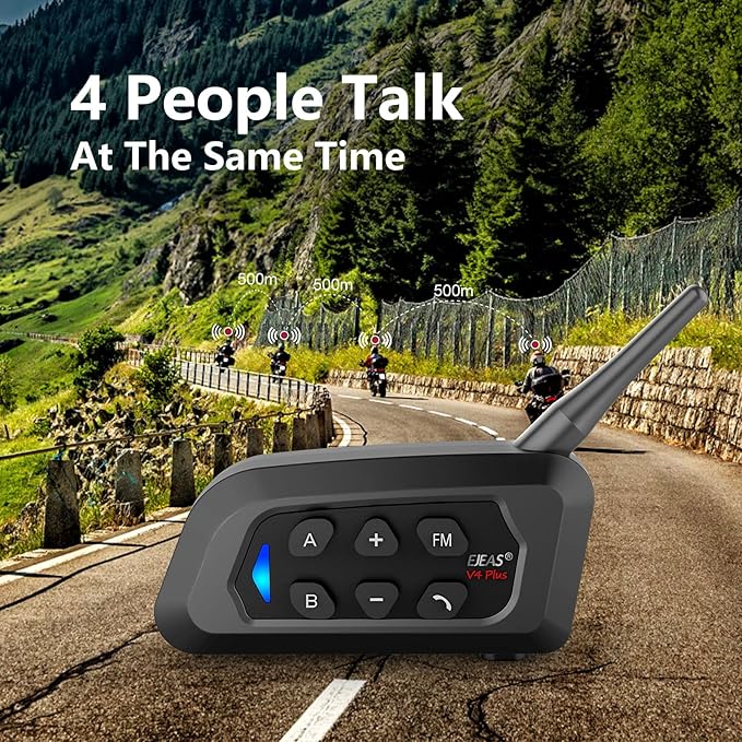 EJEAS V4 Plus Helmet Communication System, Motorcycle Bluetooth V5.1 Headset 1500m Helmet Intercom with Noise Reduction/3D Sound/FM Radio/Hands-Free, Ideal for 2 to 4 Riders Group Talking (2PCS)