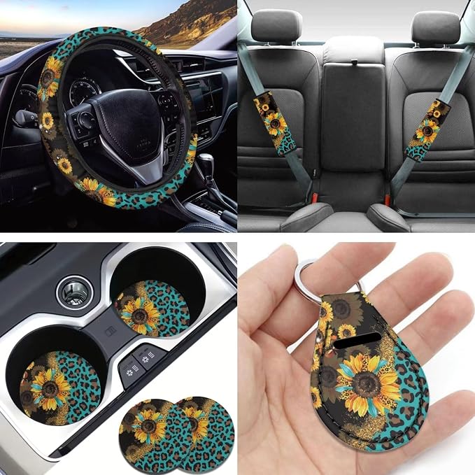 Leopard Sunflower Seat Covers for Car,11Pack Green Auto Seat Covers for Front Back,Universal Fit Most Vehicle Truck SUV,Auto Steering Wheel Cover Seatbelt Pads Keychain Cup Holder Coasters