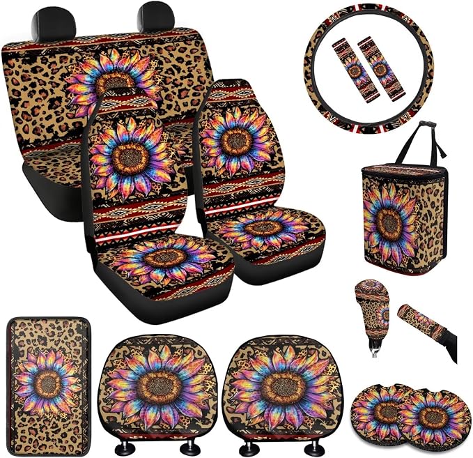 BIGCARJOB Leopard Sunflower Print Car Seat Cover Full Set 15 Pieces Car Interior Accessories Set with Steering Wheel Cover Car Trash Can Hanging Seat Headrest Covers