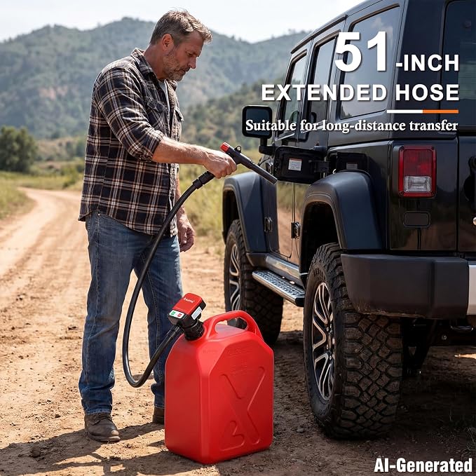 Gas Can Fuel Pump Portable - Gifts for Men, Fast 3.2 GPM Flow Rate, 51” Long Vinyl Hose, 4 Tank Adapter, for Gasoline, Kerosene, Diesel, Non-Potables black