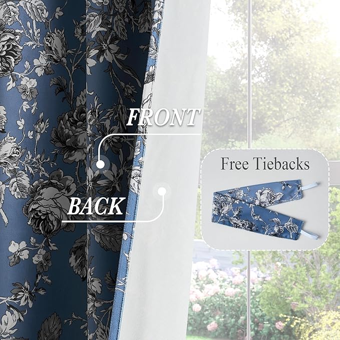 StangH Vintage Floral Velvet Curtains for Living Room, Slate Blue Printed Bedroom Drapes with Rose Pattern Victorian Energy Efficient Privacy Panels for Home Office, W52 x L84, 2 Panels