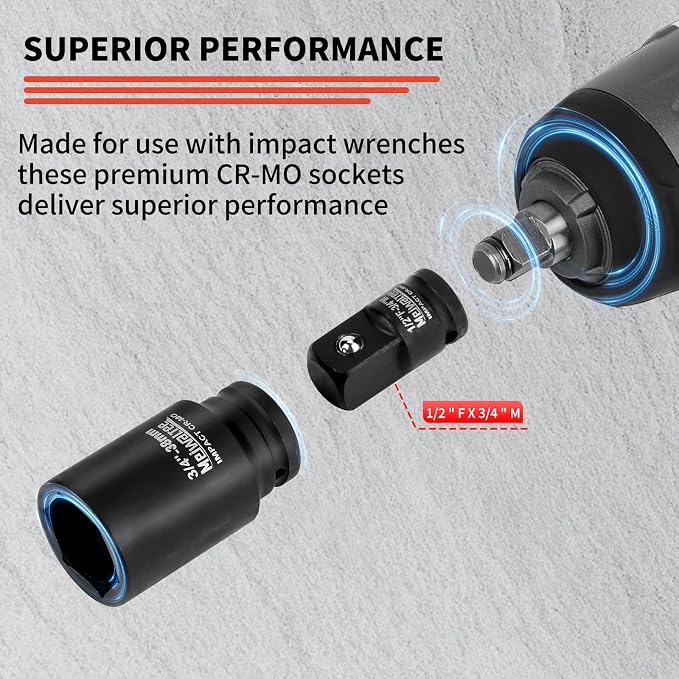 3/4" Drive Metric Deep Impact Socket Set, 17 Piece Jumbo Socket Assortment Size: 17MM - 38MM, 6-Point Design, Include 1/2" F to 3/4" M Adapter, 4", 8" Extension Bars, CR-MO Steel