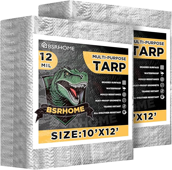 Tarps Waterproof 10x12 Feet, 2 Pack Heavy Duty Silver Tarp Cover 12 Mil Thick, Resistant Plastic Tarpaulin with Metal Grommets, Outdoor Tarp Cover for Car,Trailer