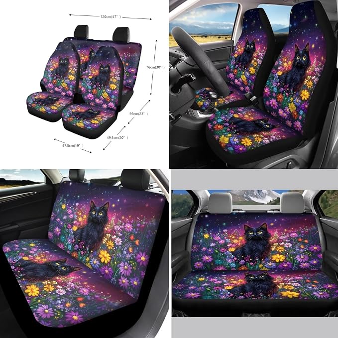 Suobstales Galaxy Cat Daisy Print Car Accessories Car Seat Covers Full Set of 11, Auto Interior Cover Seat Protector with Steering Wheel Cover, Seat Belt Pads, Coaster, Keychains