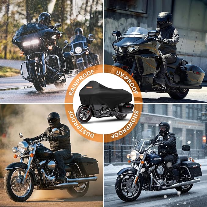 Motorcycle Half Cover with Elastic Hook and Reflective Strip Waterproof Dustproof Sunproof All-Weather Protection Suitable for Touring Models Road King Street Glide Road Glide and More(Black)