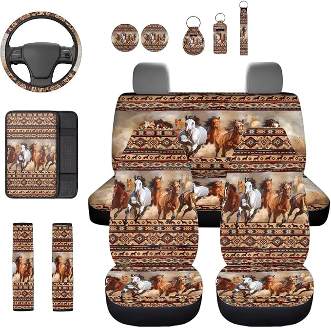 Tribal Horse Automobile Seat Cover Sets 13 Pack with Car Steering Wheel Cover Arm Rest Cover Keychain Holder Protector Seat Belt Pads Suitable for Most Cars,SUV