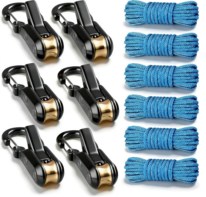 6 Pack Rope with Roller Tensioner for Easy and Secure Tying,2026 New Heavy Duty Retractable Buckle Rope with Accessory Cord for Camping Boating Home Storage Outdoor Use (Black 6)