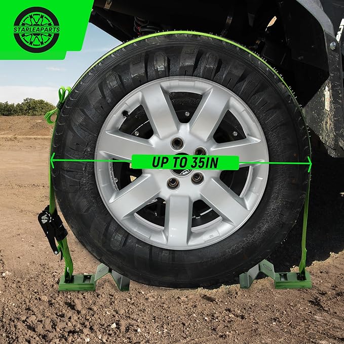 Heavy Duty Wheel Chock Tie Down Straps Set (4PK) - 4,400lb Guaranteed Max Break Strength, (2) 2" x 8' Trailer Tire Straps with (8) Wheel Chocks for ATV, UTV or Tractors
