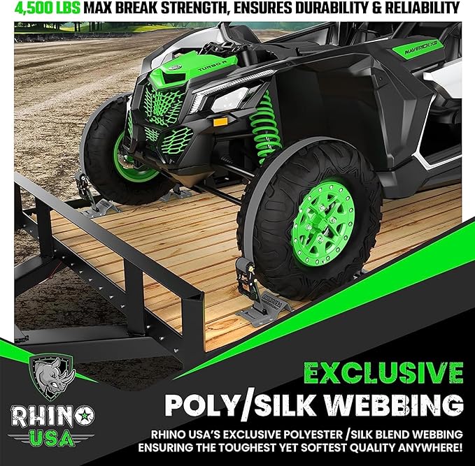 Rhino USA E Track Ratchet Tie Down Straps (4,500lb Break Strength) - Includes (2) Premium 2" x 16' eTrack Tie Downs - Ultimate Heavy Duty eTrack Cargo Strap System for Trailer, Truck, Motorcycle