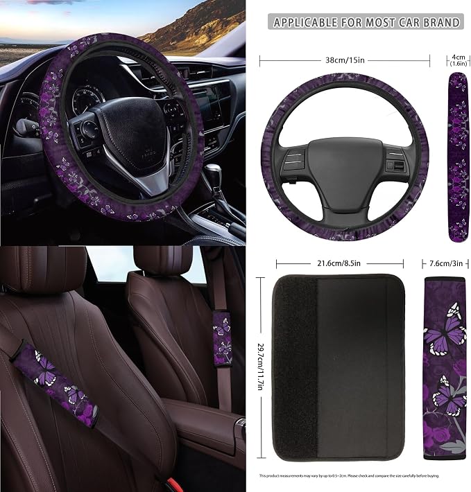 Purple Butterfly Rose Print 15 PCS Car Front Back Seat Covers Full Set, Steering Wheel Cover Trash Bag Seatbelt Strap Pad Air Vent Storage Bag Rearview Mirror Cover Coasters Key Chain