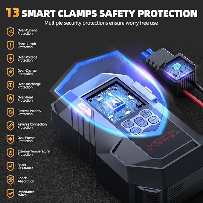 10-in-1 Portable Car Battery Jump Starter with Air Compressor, Jump Starter 6000A 26800mAh 160PSI (All Gas/12L Diesel), 12V Jump Box Car Battery Jumper Starter Portable Jumper Cables, Lights