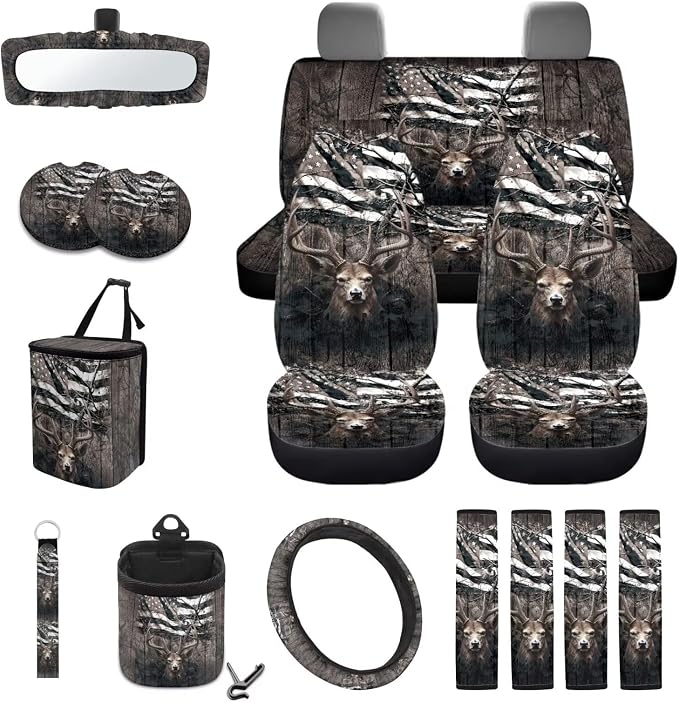 Deer Wood American Flag Pattern 15 PCS Car Interior Accessories, Car Seat Covers + Steering Wheel Cover + Seat Belt Pad + Trash Can + Keychain + Air Vent Storage Bag + Coasters