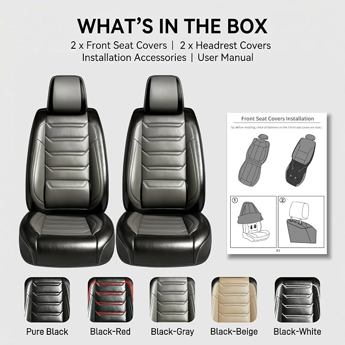 Fit XT5 Car Seat Covers for Select Cadillac XT5 2017-2026 - Premium Full Coverage Leather, Airbag Compatible & Scratch-Resistant, Waterproof & All Weather Seat Protector, Front Pair Black+Gray
