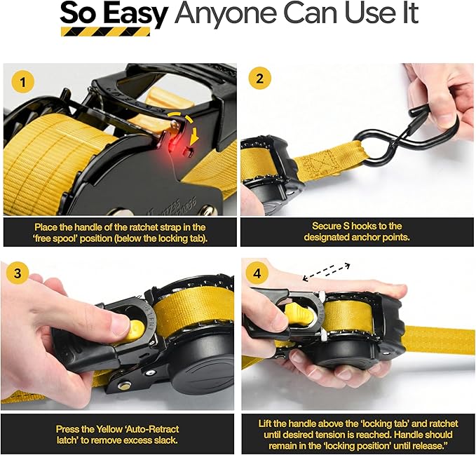 AUGO Retractable Ratchet Straps | 2 Heavy Duty Ratchet Straps Self Retractable Tie Downs with Soft Loops & Storage Bag for Motorcycle, Truck, Trailer, Cargo Van | 1200 Lb Break Strength 1” x 10’