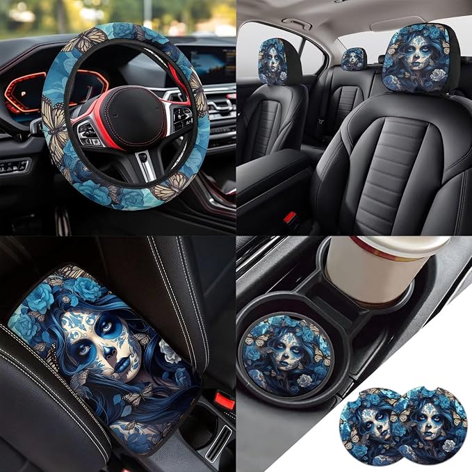 13 Pcs Sugar Skull Girl Car Seat Covers with Steering Wheel Cover, Seat Belt Covers Cup Holder Keychain, Blue Automotive Protector Set Unverisal Fit Cars SUV Turcks