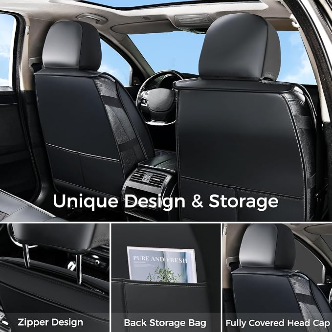 Huidasource Car Seat Covers Front Seats, Black Front Seat Cover for Cars, Faux Leather Automotive Car Seat Cushion Protector Universal Fit for Most Cars,Vans,Trucks, SUVs (Front Pair/Black)
