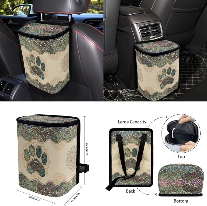 Boho Dog Paw Car Seat Covers Set of 15 with Universal Steering Wheel Cover, Rearview Mirror Cover, Car Trash Can, Seatbelt Pads, Cup Holder Coasters, Keychains