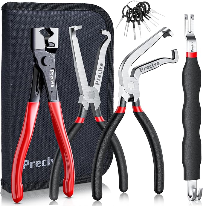Preciva 5 Pcs Automotive Electrical Connector Disconnect Tool Kit,Wire Harness Release Pliers, Depin Tool & Hose Clamp Pliers Electric Plug Pliers for Cars, Automotive Wire Locking Push Tab