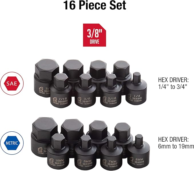 Sunex 3646, 3/8 Inch Drive Low Profile Impact Hex Driver Set, 16-Piece, SAE/Metric, 1/4 Inch - 3/4 Inch, 6mm - 19mm and Astro Tools 78314 14-Piece 3/8" Drive Low Profile Nano Impact Sockets - Metric