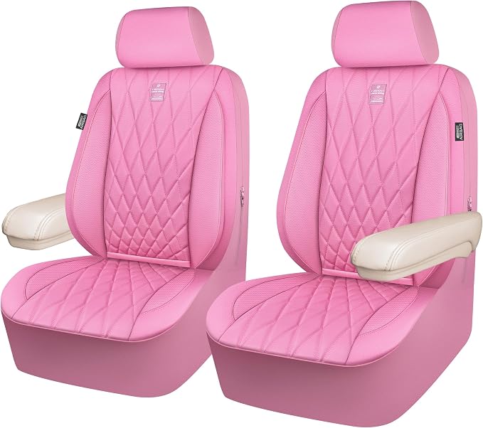 CAR PASS Piping Luxury Leather Two Front Car Seat Covers and 3 Piece Heavy Duty Deep Dish All Weather Rubber Car Floor Mats, Universal Fit for 95% Sedan SUV Van Truck, All Pink