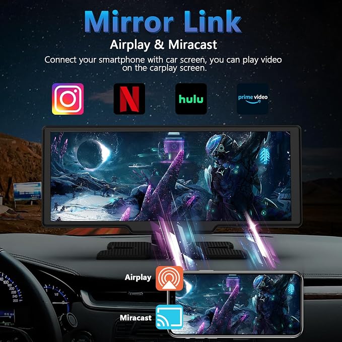 Portable Wireless Carplay Screen with Dashcam - Lehwey 10.26 Inch Car Play Tablet with 4K Front Dash Cam & 1080P Rearview Backup Camera, Bluetooth 5.0, FM, Voice Assistant, with 64GB TF Card