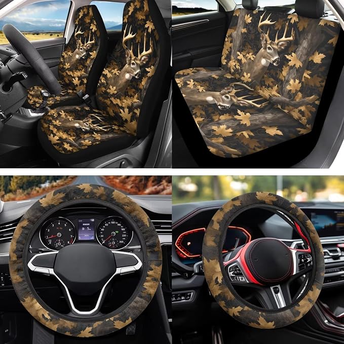 Camo Hunting Deer 12 Pack Car Seat Covers Full Set with Car Steering Wheel Cover Arm Rest Cover Auto Seat Belt Cover Cup Coasters and Keychain Holder Universal Fit Most Cars SUV