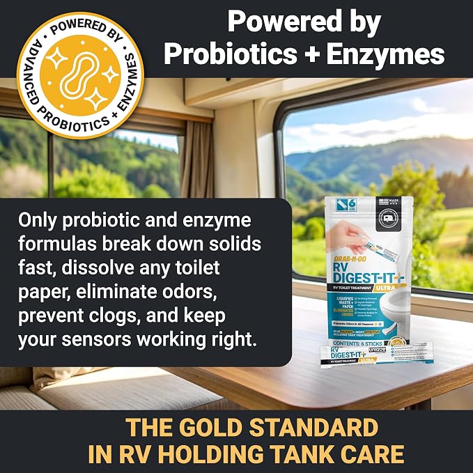 Unique RV Digest-It Ultra Stick Packs Summer-Long Tank Treatment, 6 Premeasured Packs, No Mess Powder for Black Tanks, Controls Odors, Helps Break Down Waste