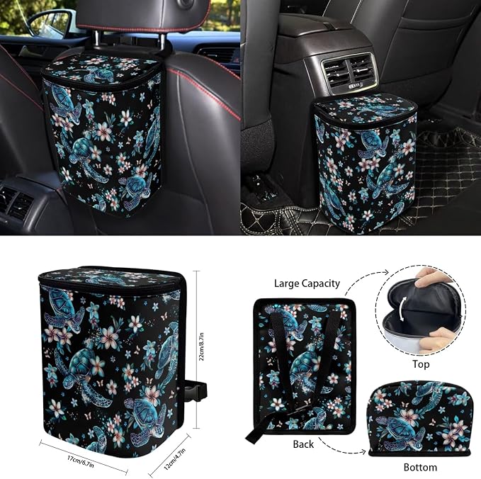 Plumeria Sea Turtle Auto Interior Accessories Car Seat Covers with Auto Steering Wheel Cover Seat Belt Covers Car Trash Can View Mirror Cover Coaster Keychains