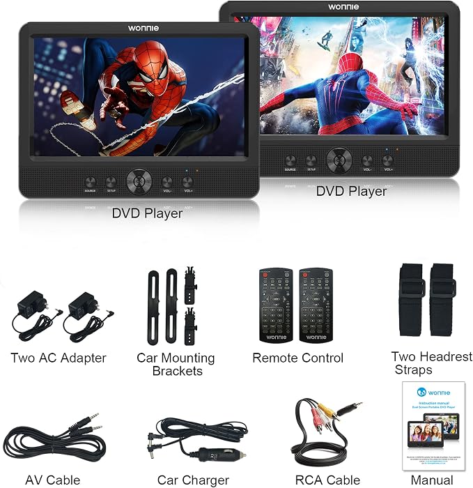 WONNIE 10.5" Two DVD Players Dual Screen for Car Portable CD Player, Play a Same or Two Different Movies with Two Mounting Brackets, 5-Hour Rechargeable Battery, Support USB/SD Card Reader