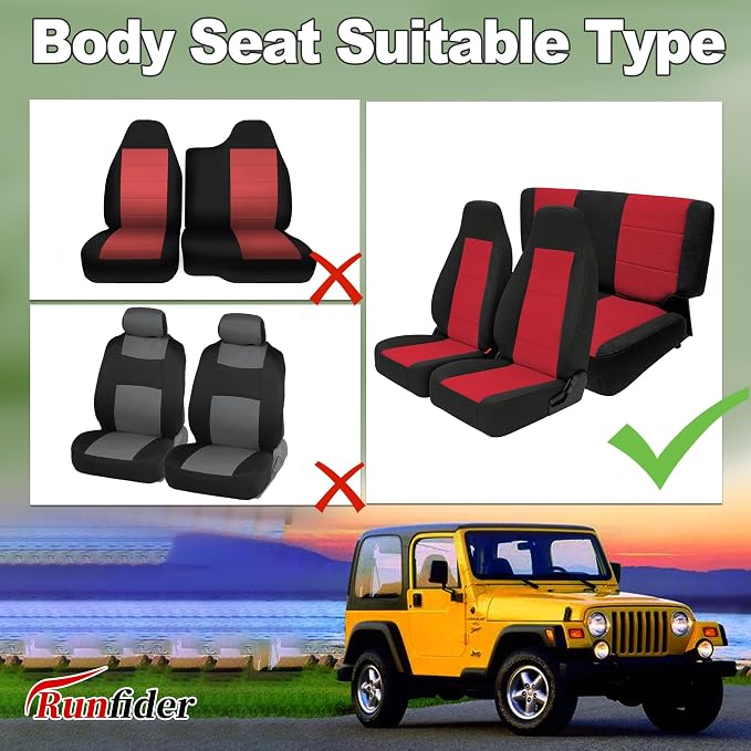 Custom Seat Covers for Jeep Wrangler TJ 1997 1998 1999 2000 2001 2002 Heavy Duty Cloth Protector Interior Accessories，Waterproof & Machine Washable, Foam Padded - Red（Front & Rear）