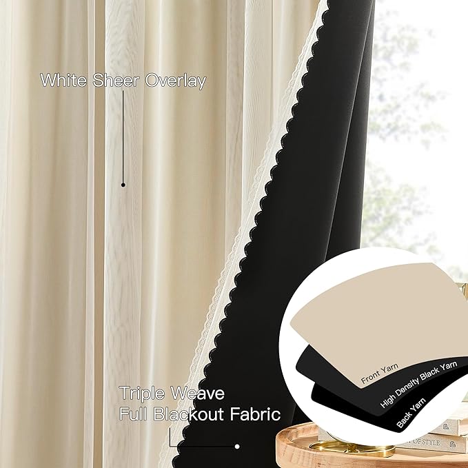 XiDi Beige Blackout Curtains with Sheer Overlay for Living Room Bedroom 63 Inches Long 2 Panels Mix & Match Double Layer Thermal Insulated Beige Window Drapes with Tiebacks Grommet Top W34 x L63